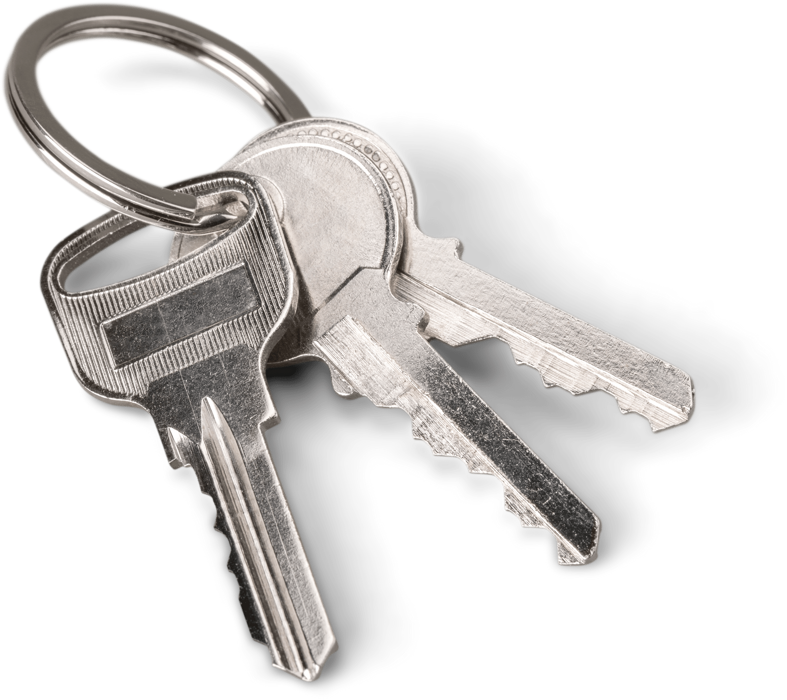 Three silver keys on a metal key ring