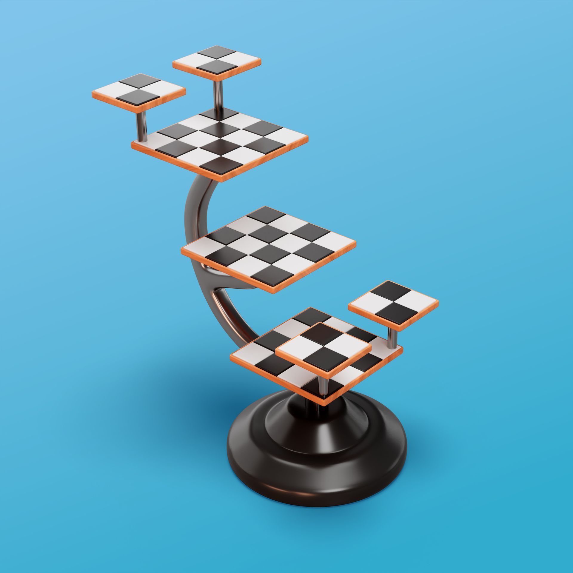 A black and white checkered chess board on a blue background