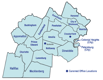 Light blue map of Virginia regions with Carmax office locations marked by dark blue dots.