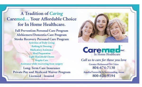 Caremed home health ad with smiling people, blue border, and phone numbers for care services