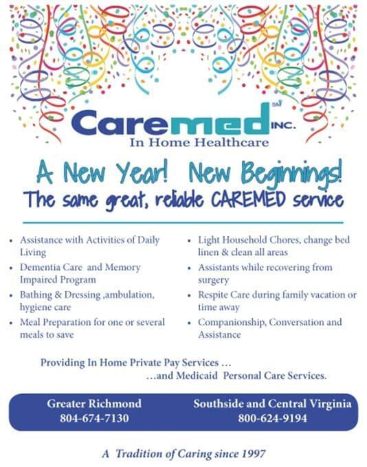 Caremed in-home healthcare flyer with confetti and services listed for New Year, new beginning