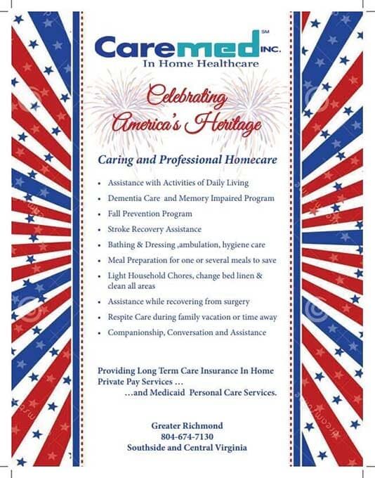 Caremed In Home Healthcare patriotic flyer with red, white, and blue starburst border and service list
