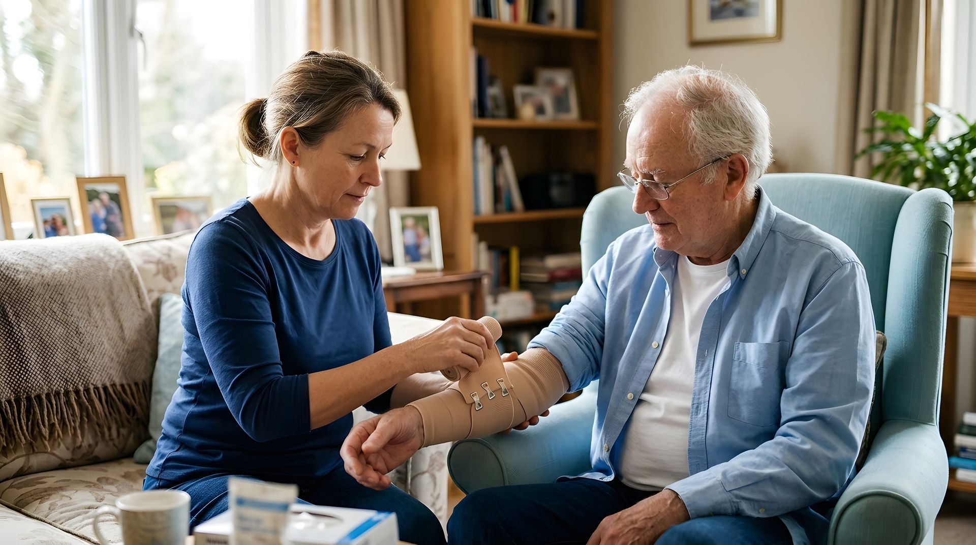 Home caregiving nurse changing an elderly man's arm bandage during an in-home care visit.