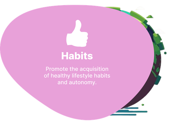 A pink speech bubble with a thumbs up and the words habits promote the acquisition of healthy lifestyle habits and autonomy.