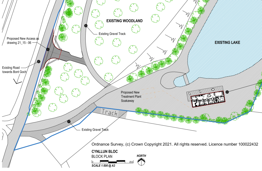 Site plan of a landscaped road junction with trees, paths, buildings, and a river.