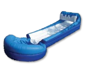 A blue inflatable slip and slide with splash pool is sitting on a white surface