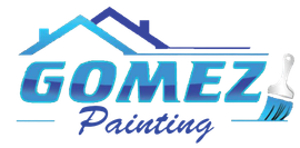 Logo for Gomez Painting, blue text and houses, paint brush.