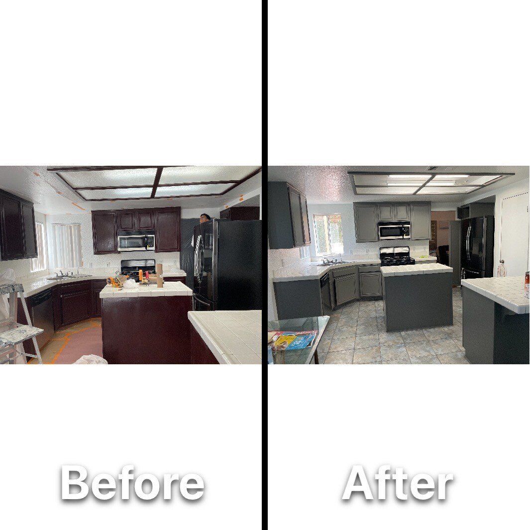 Split image: kitchen before and after renovation; dark wood cabinets vs. grey cabinets.
