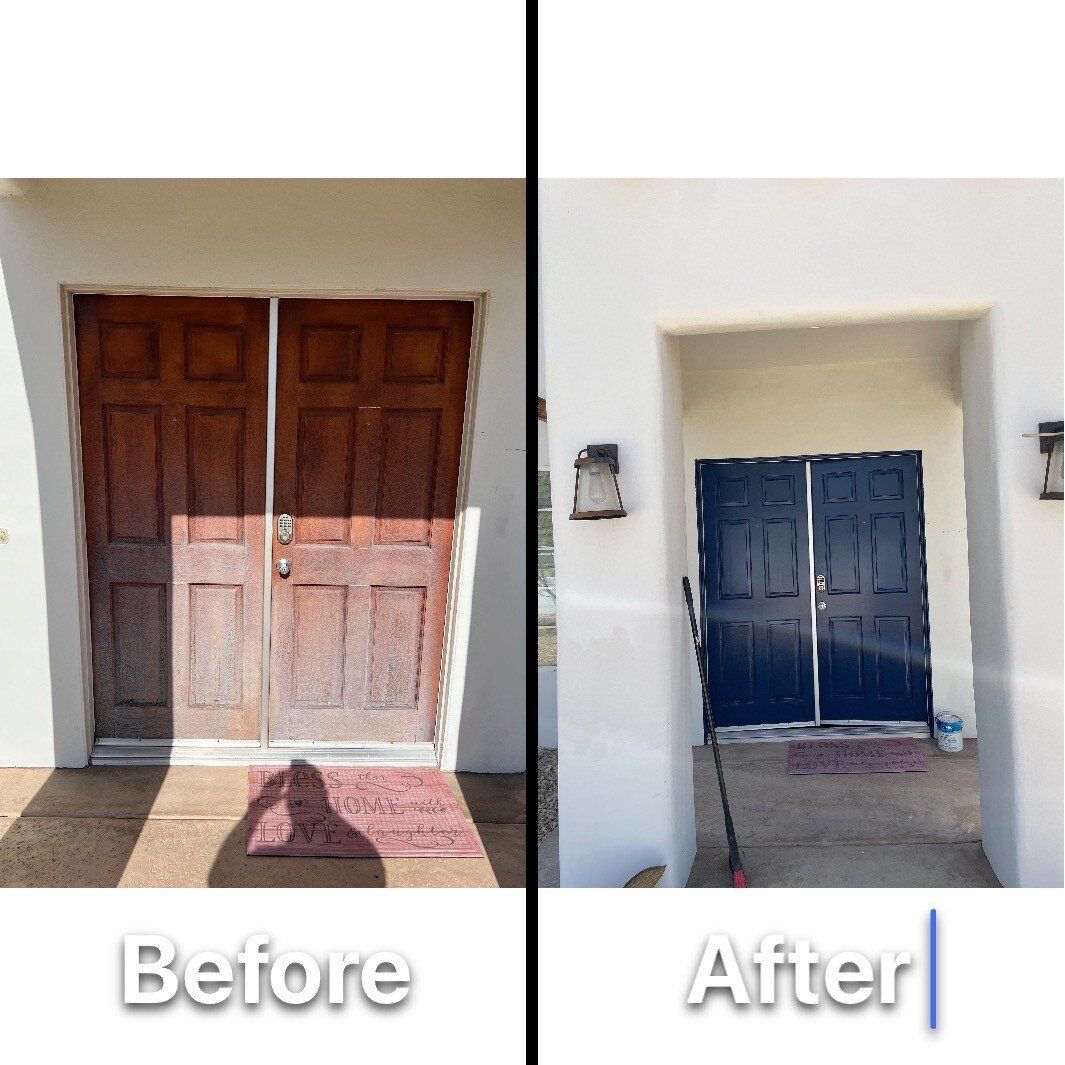 Before and after comparison of double doors. The before doors are brown, after doors are dark blue, set in a white wall.