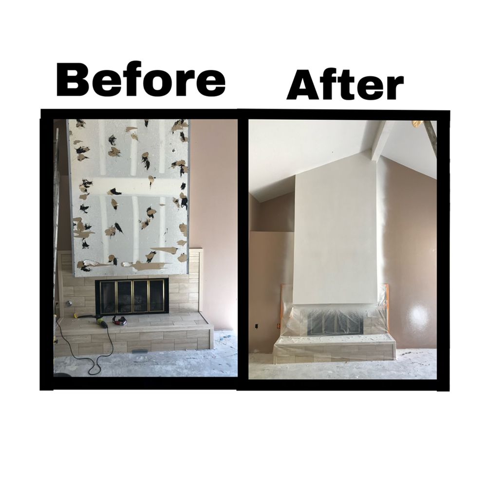 Fireplace renovation: before and after shots. Damaged wall replaced with smooth, new surface.