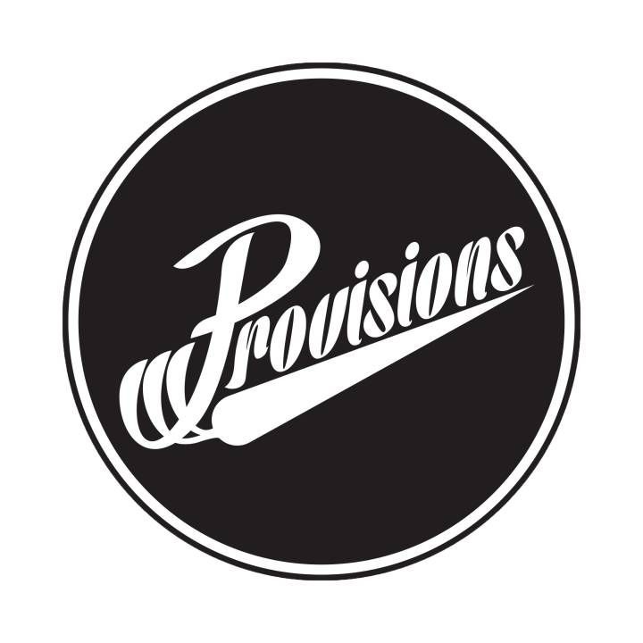A black and white logo for provisions catering in a circle