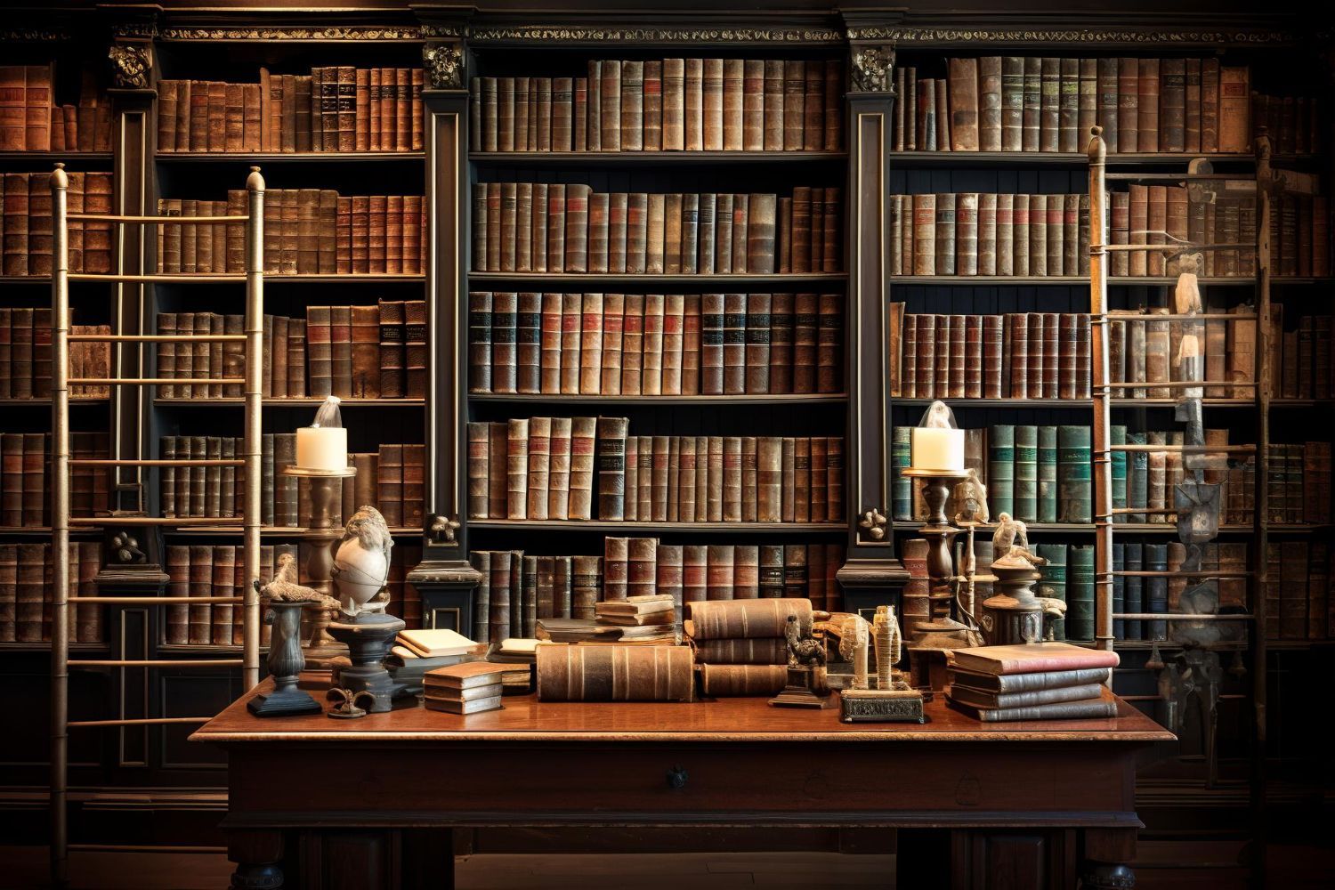 Warmly lit library with tall bookshelves and a wooden desk covered in stacked books and lamps