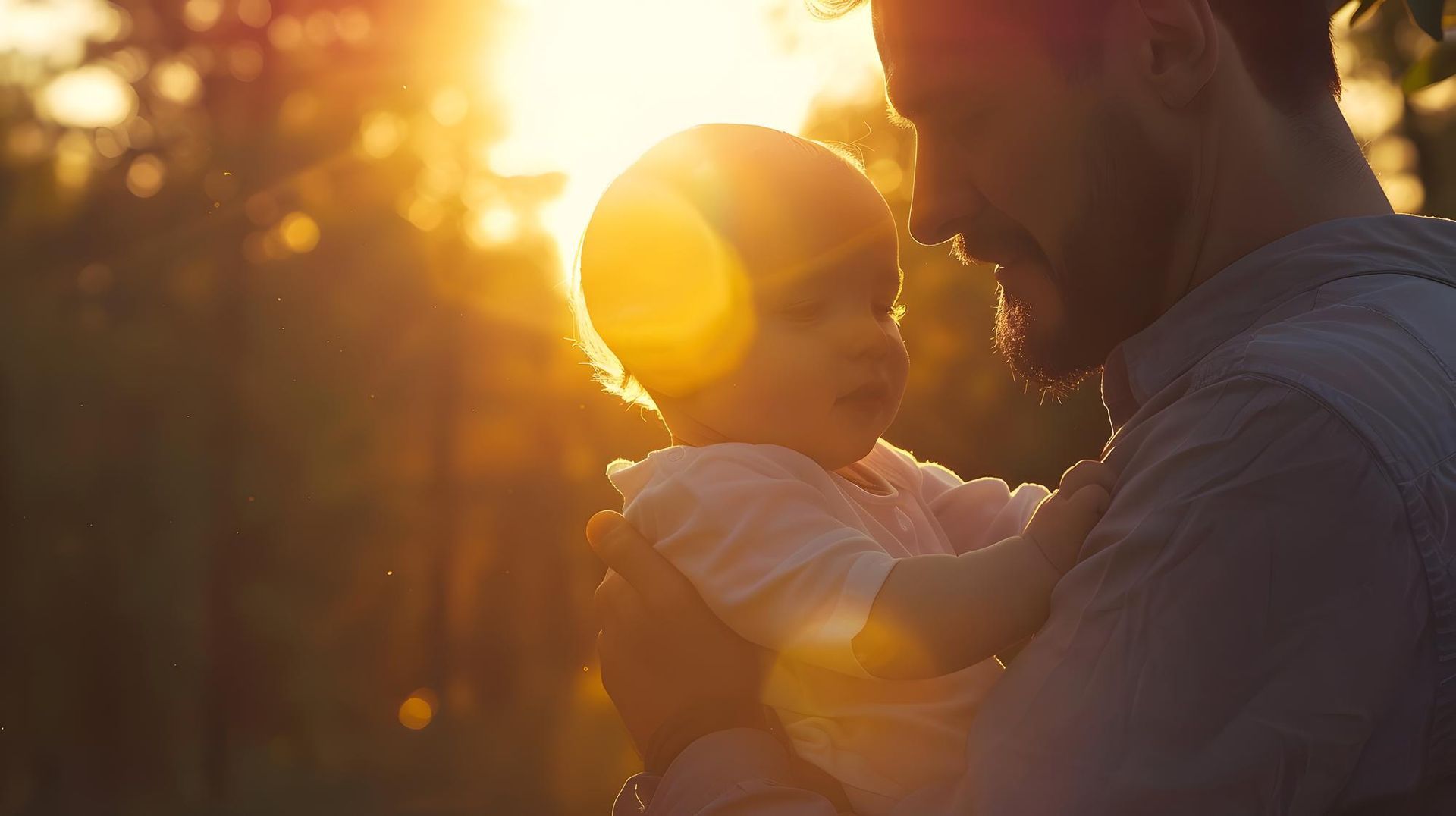 Person holding a baby at sunset, with warm golden sunlight and a soft blurred outdoor background