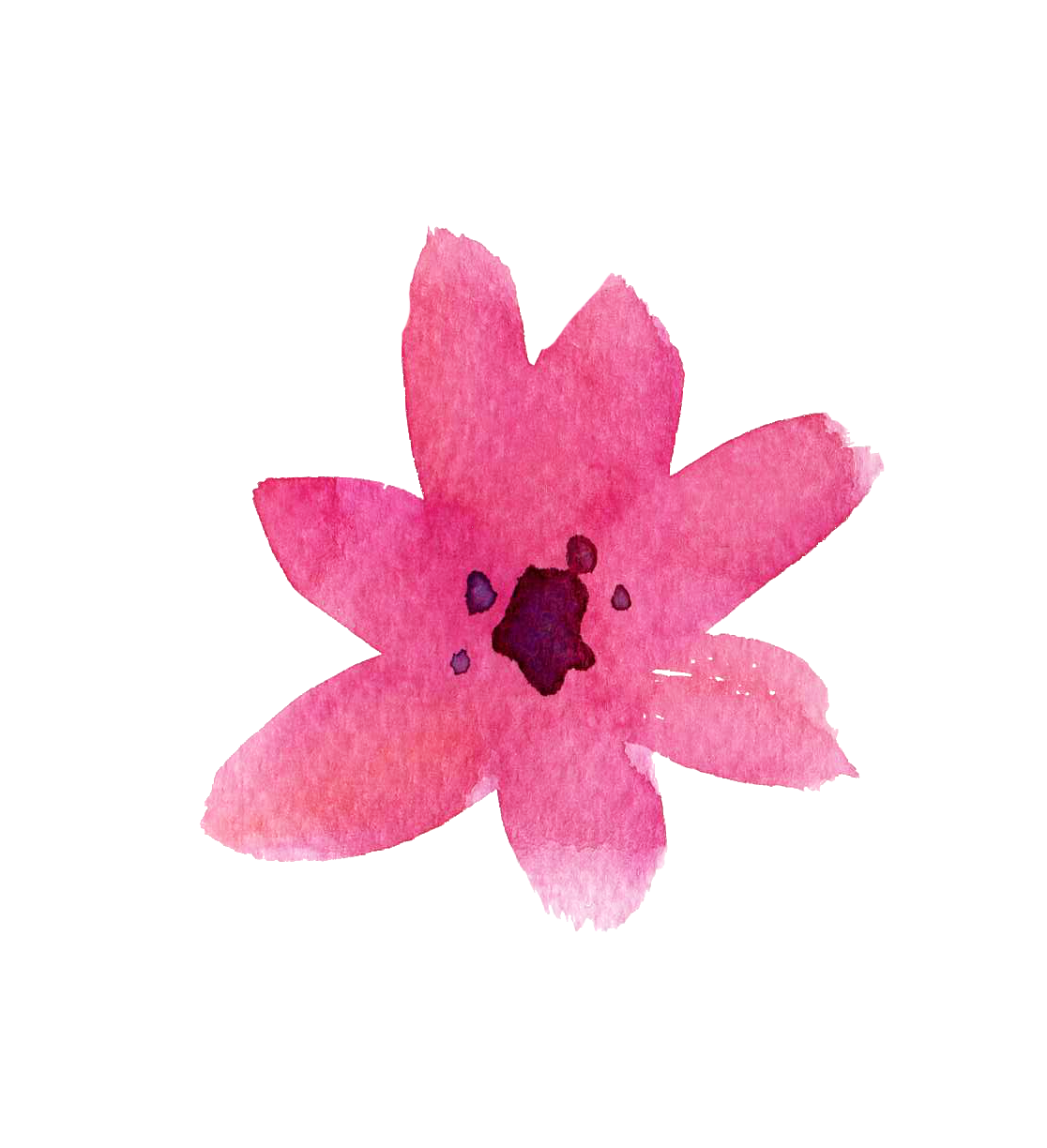 Pink watercolor flower with a dark center on a white background