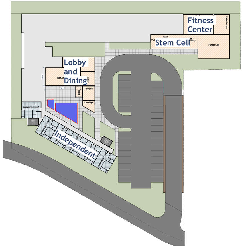 Site map with labeled buildings, parking lot, and roads in gray, green, and white.