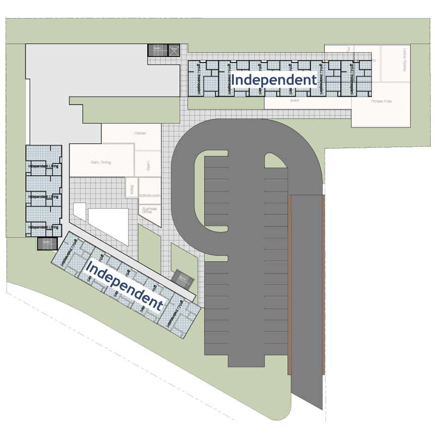 Overhead site plan of a building complex with gray parking area and two “Independent” labeled sections.