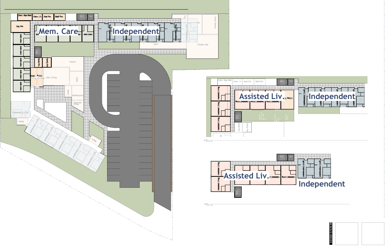 Floor plan diagram with labeled rooms and a large central stairwell, shown in light colors.