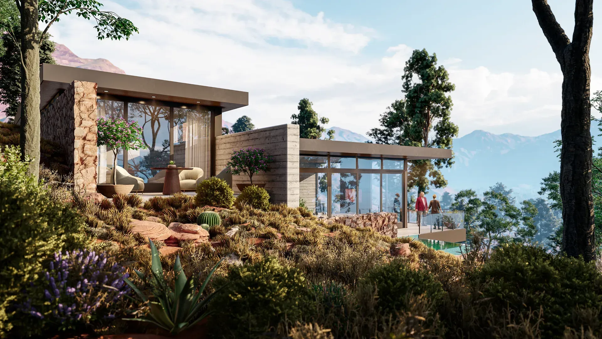 Modern hillside villa with floor-to-ceiling windows, surrounded by trees, shrubs, and distant mountains.