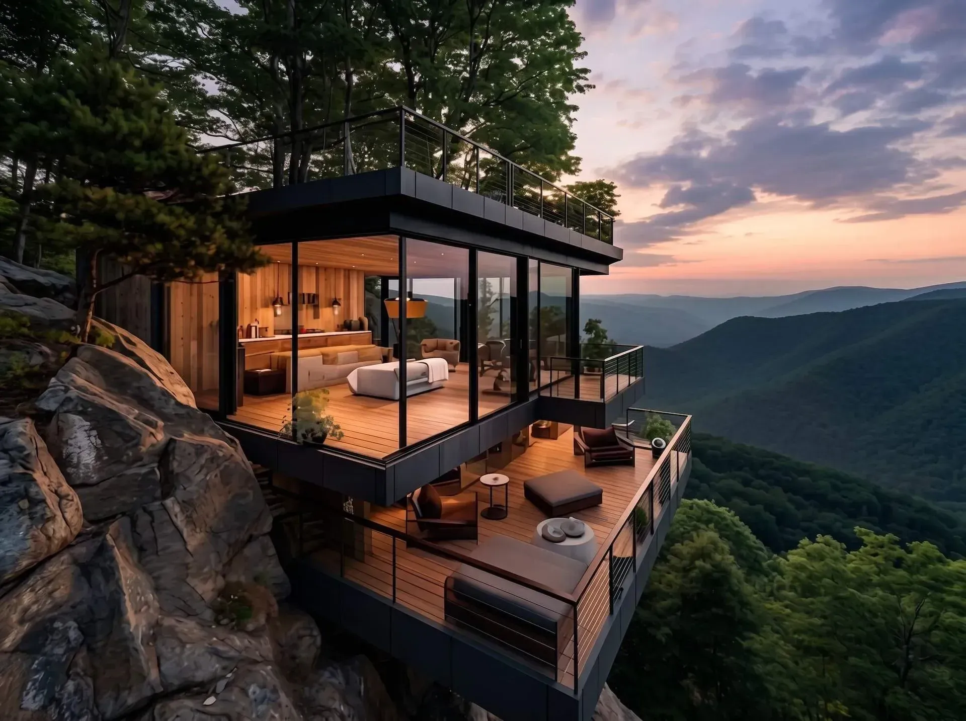 Modern glass cabin on a cliff at sunset, with warm interior lights overlooking a mountain valley.