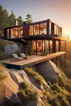 Modern glass house perched on a rocky cliff at sunset, with warm interior lights and a wooden deck.