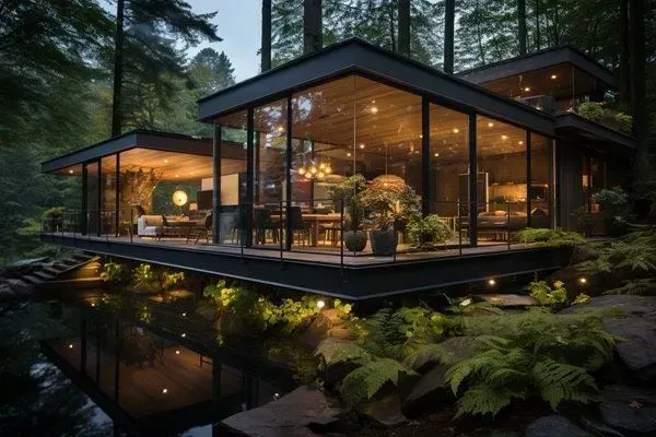 Modern glass cabin in a forest at dusk, warmly lit and reflected in a calm pond.