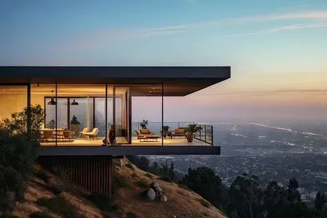Modern glass house on a cliff at sunset, overlooking a cityscape below.