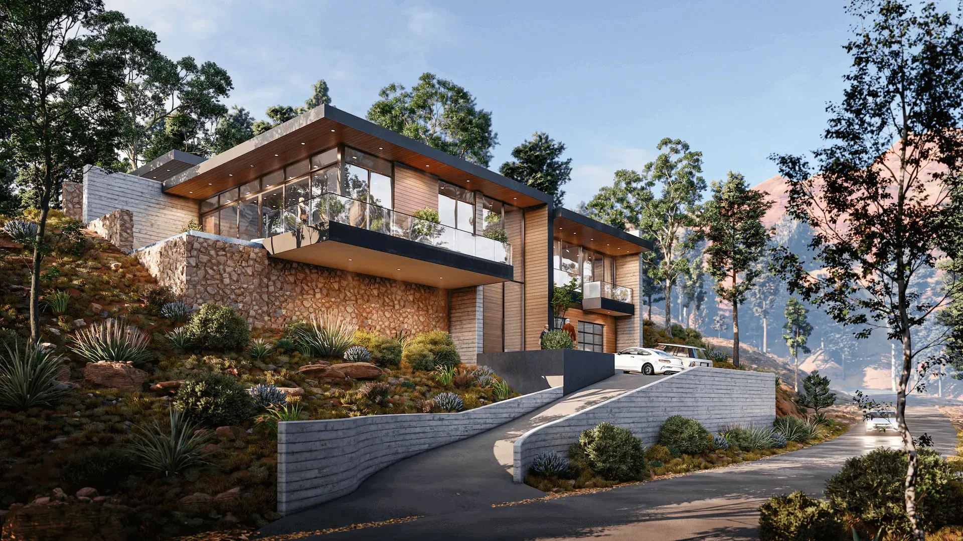 Modern hillside house with wood and stone exterior, large windows, and a driveway at dusk