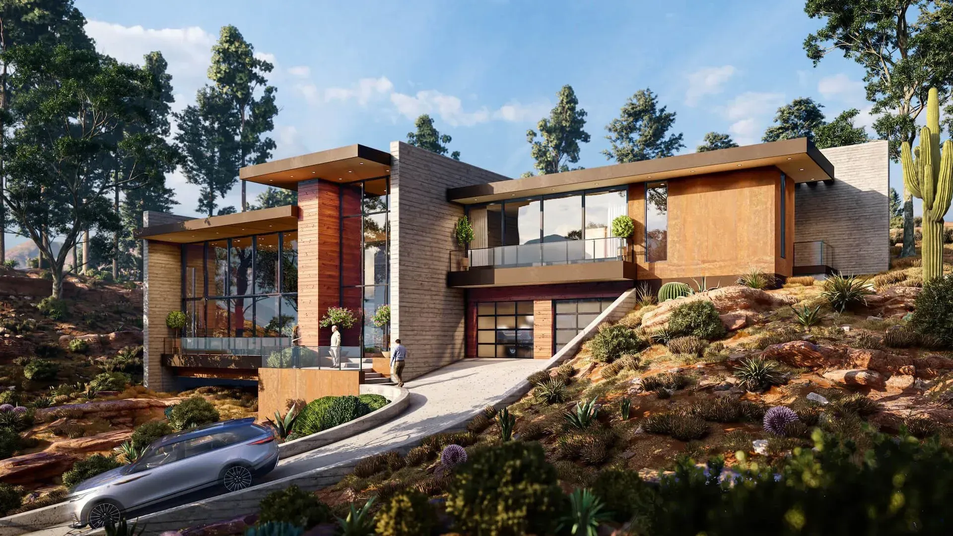 Modern two-story house with wood and stone exterior on a hillside, surrounded by trees and shrubs