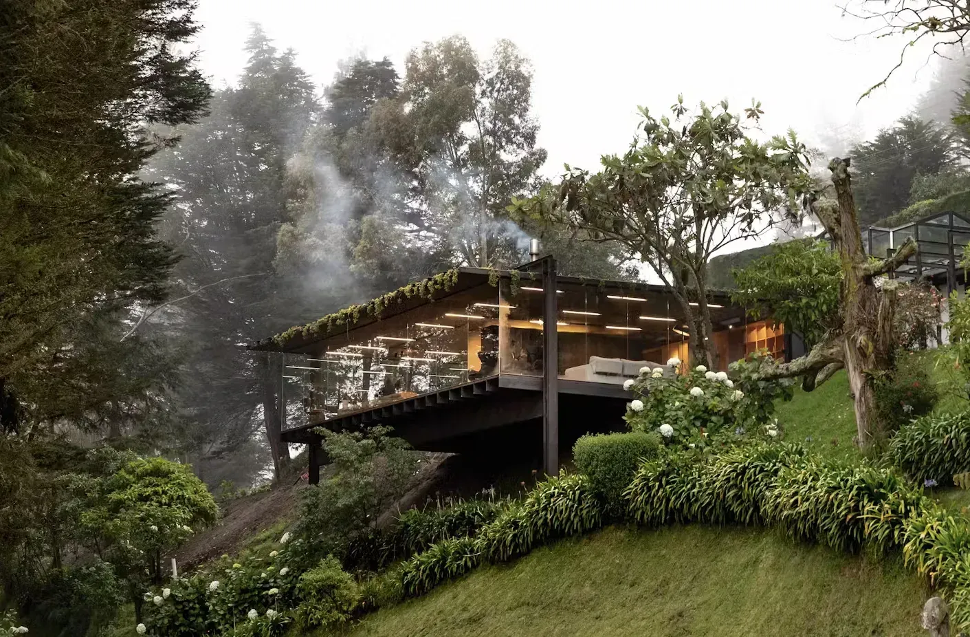 Misty hillside cabin with warm lights and surrounding trees and greenery