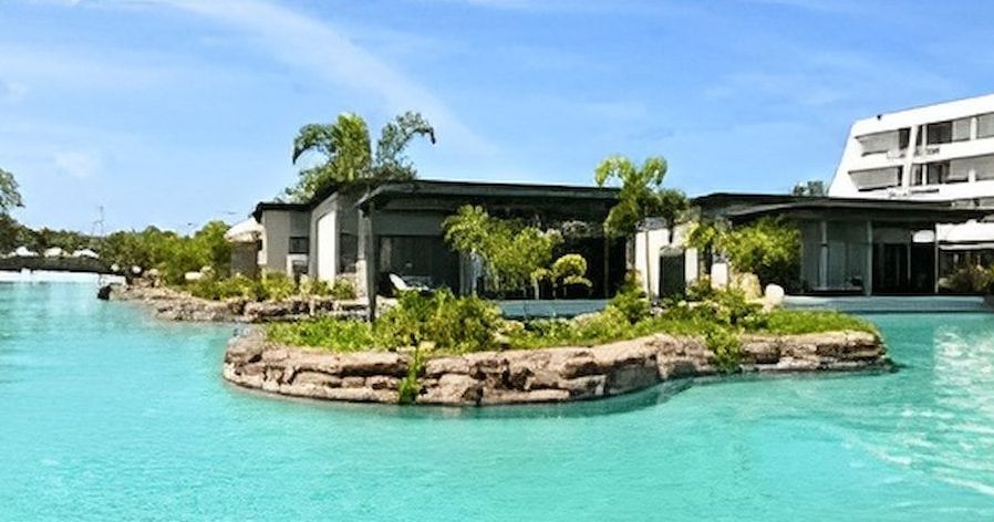 A Large Swimming Pool With A Small Island In The Middle — Jakes Steel & Welding in East Arm, NT