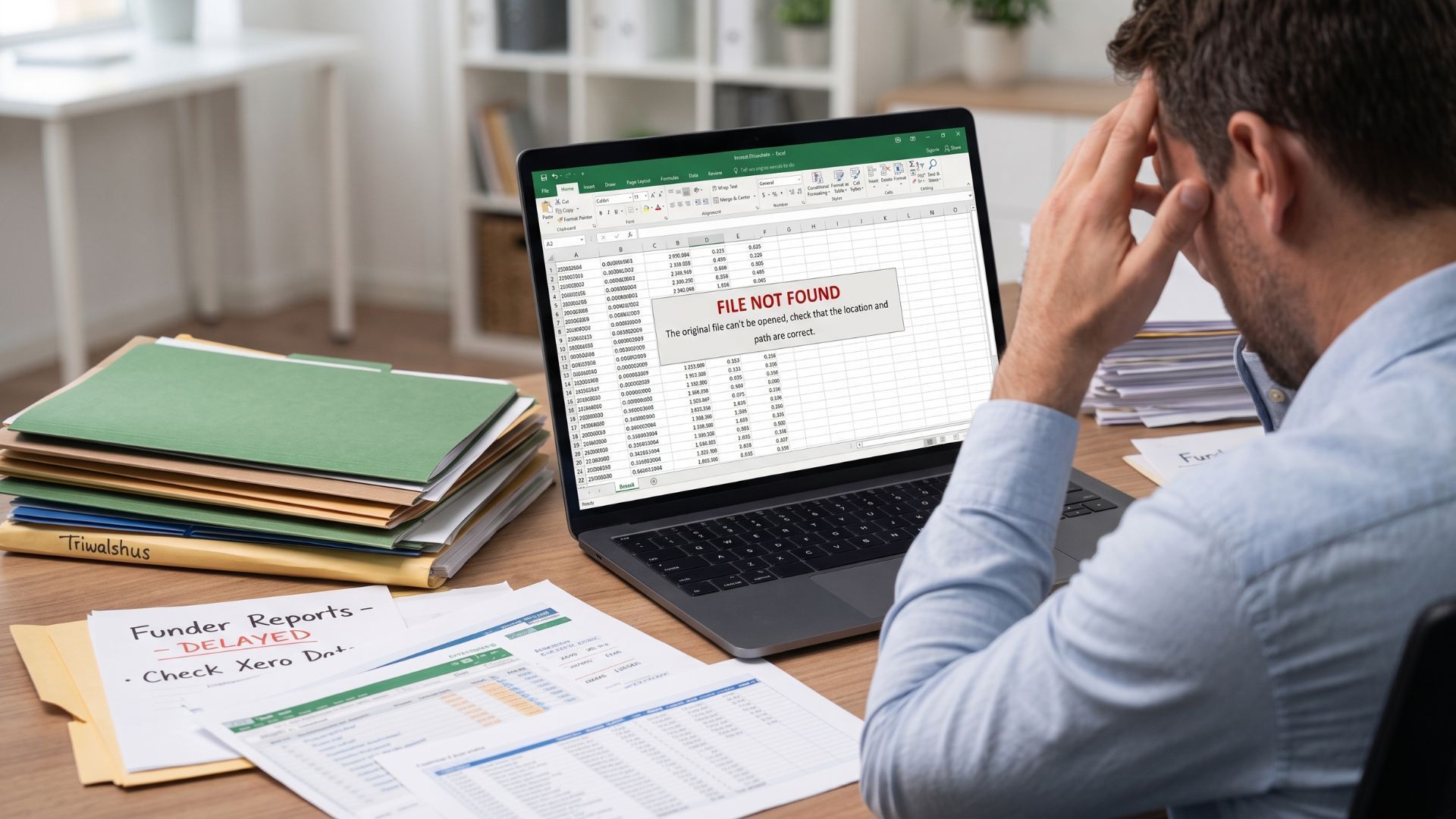 A stressed-looking man at a desk is holding his head while looking at a laptop. The screen shows an Excel file with a large red 'FILE NOT FOUND' error message. The desk is cluttered with disorganized physical papers and files labeled 'Funder Reports - DELAYED' and 'Check Xero Data,' representing the confusion of scattered data.