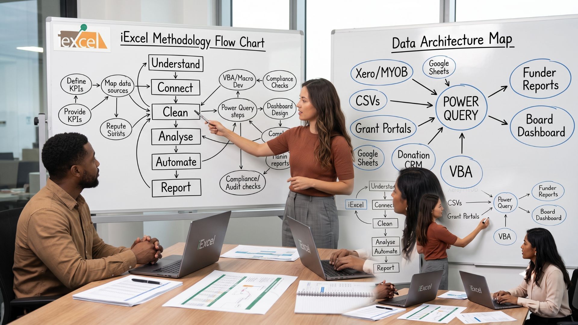 A diverse team of three iExcel professionals is collaborating in a meeting room with laptops. They are discussing data maps and process flowcharts hand-drawn on two large whiteboards. The whiteboards illustrate the 'Understand -> Connect -> Clean -> Analyse -> Automate -> Report' approach and a 'Data Architecture Map,' showing how they connect various data sources like Xero and grant portals.