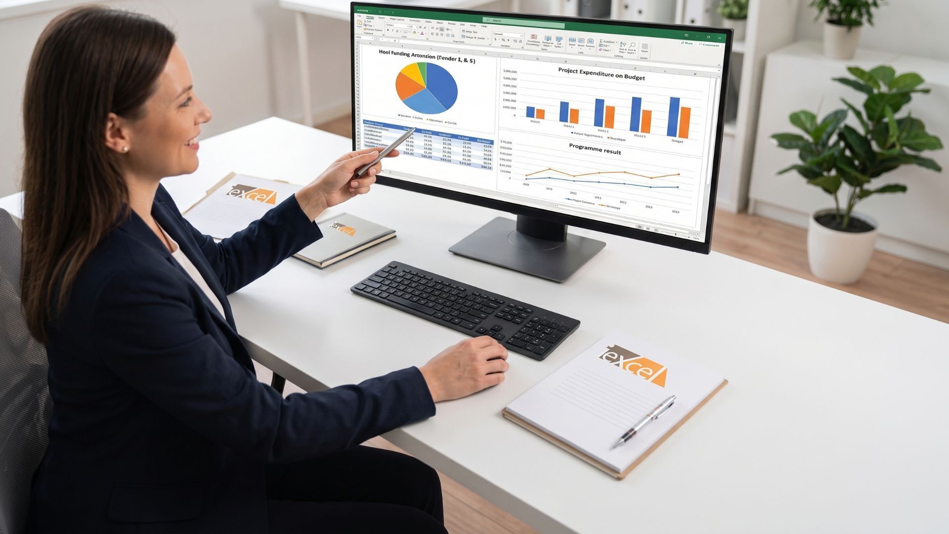 Professional woman analyzing charts on a large monitor in a bright office