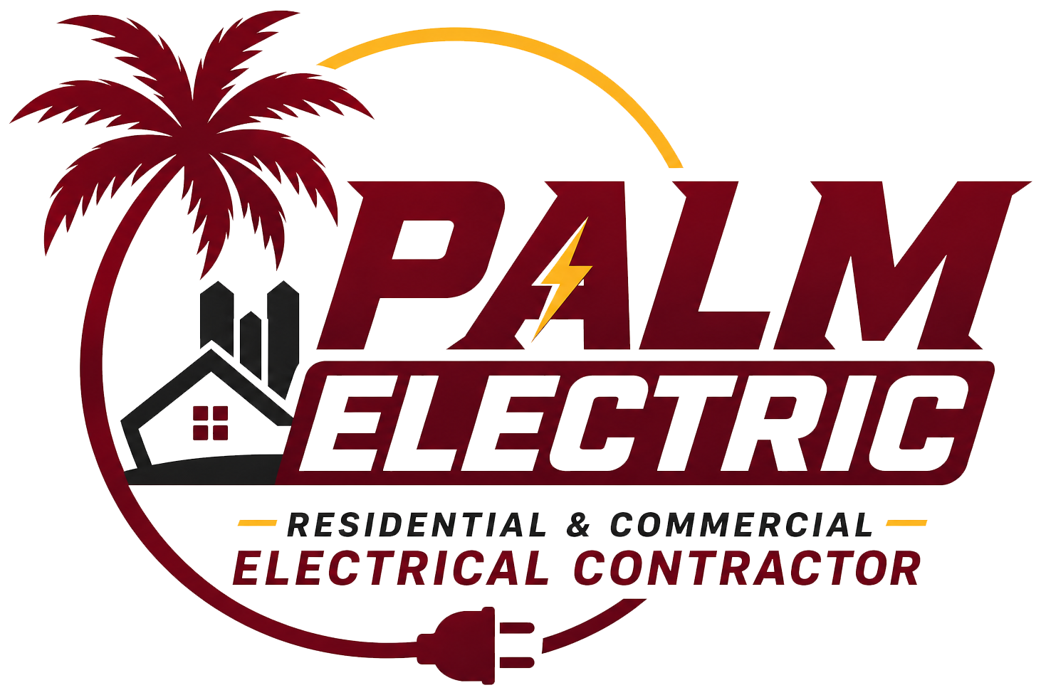 Palm Electric logo with maroon palm tree, house, and plug, reading