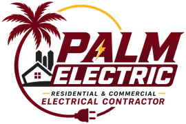 Palm Electric logo with maroon palm tree, house, lightning bolt, and “Residential & Commercial Electrical Contractor” text