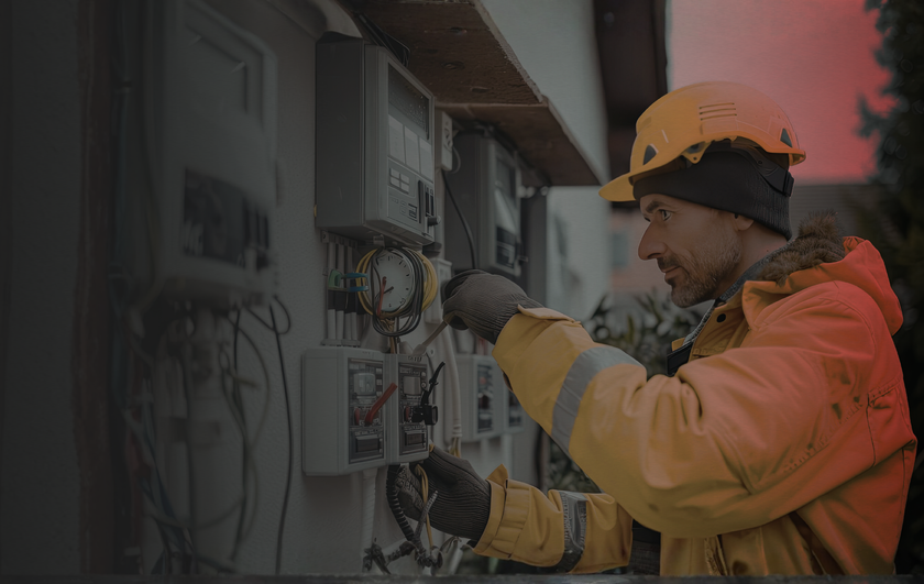 Worker in orange safety gear inspecting electrical panels outdoors at dusk.