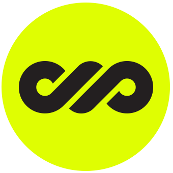 Black infinity-shaped design within a neon-yellow circle.
