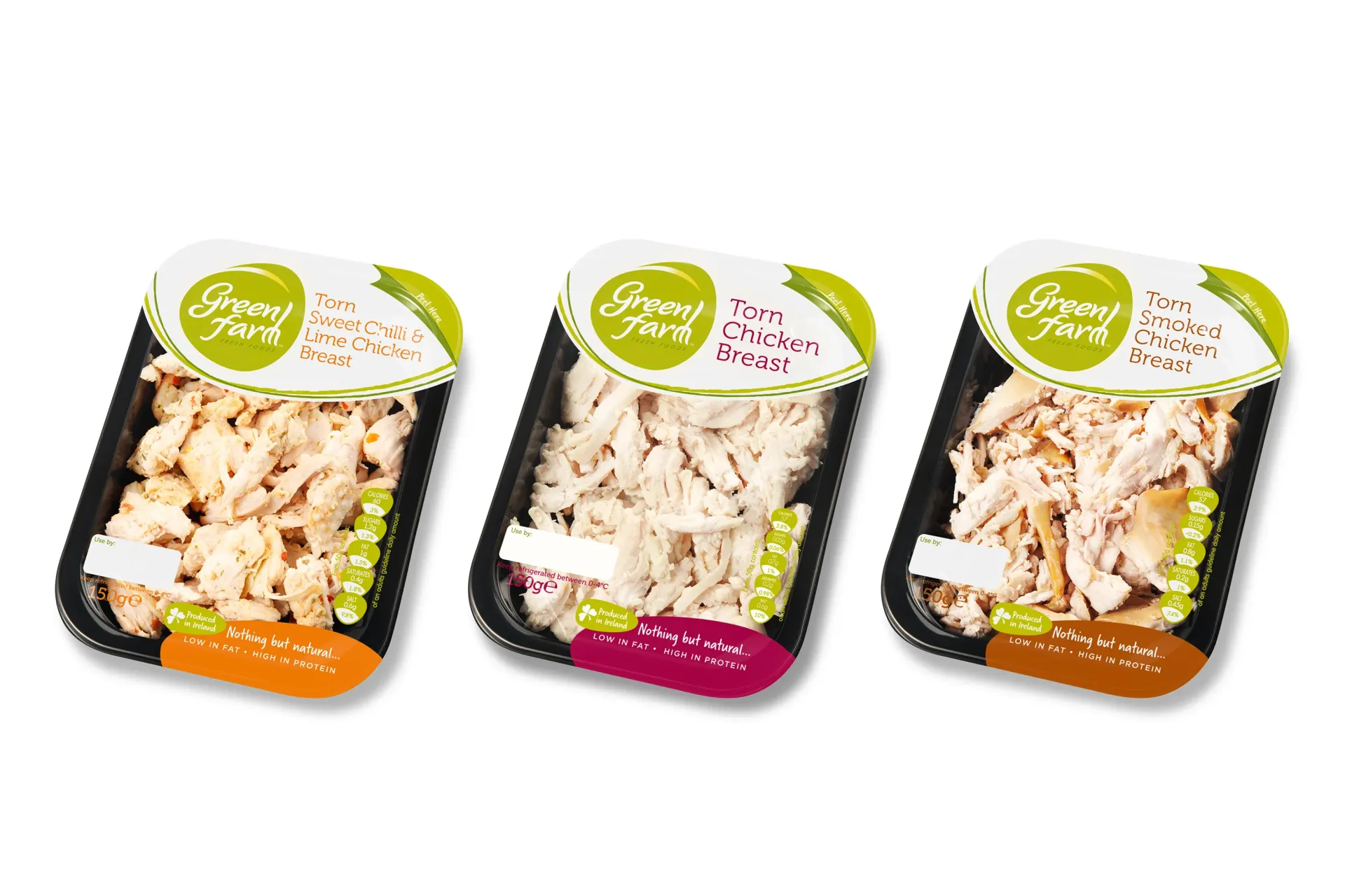Three packages of shredded chicken breast on a white background; different flavors indicated by colored labels.