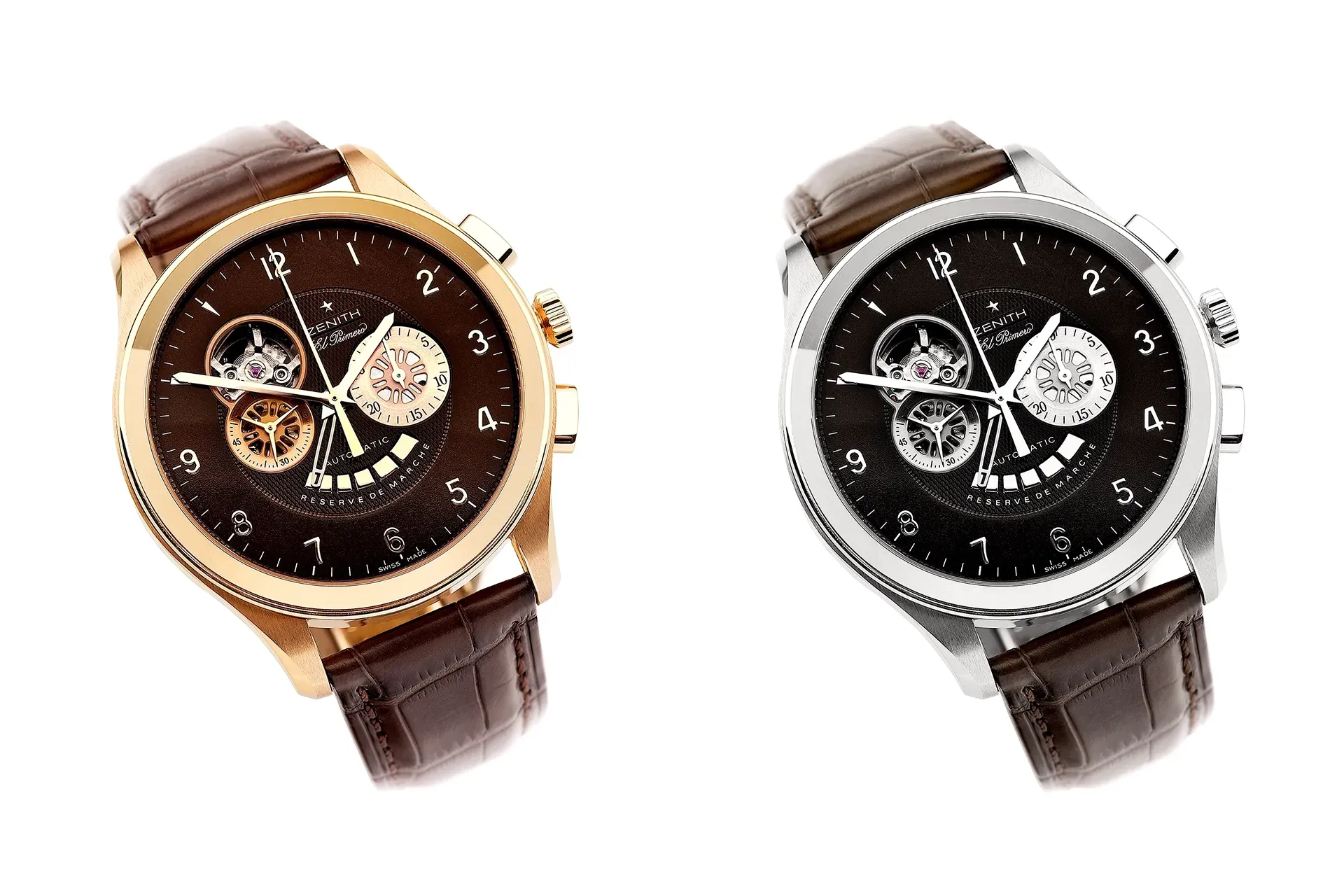 Two luxury watches: one gold, one silver, with brown leather straps and dark brown faces.