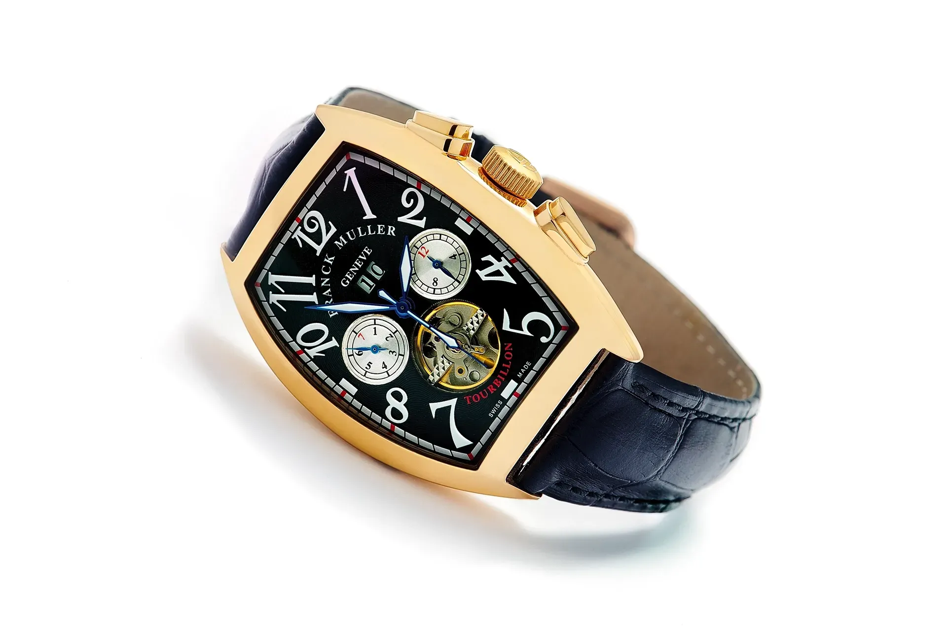 Gold wristwatch with a black face and white dials, black strap.