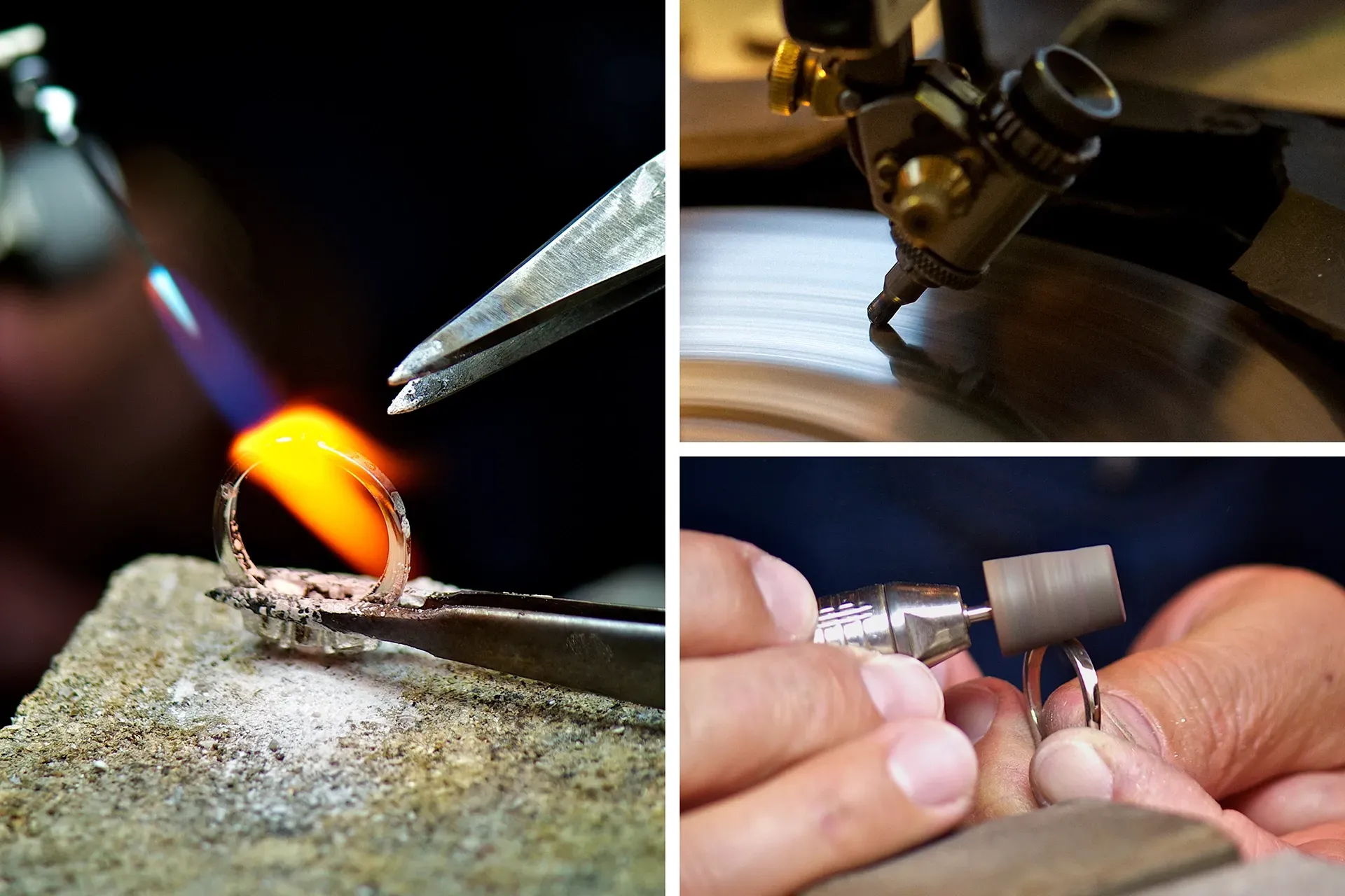 Jeweler working on a ring with a torch, diamond saw, and grinder; close-up shots.