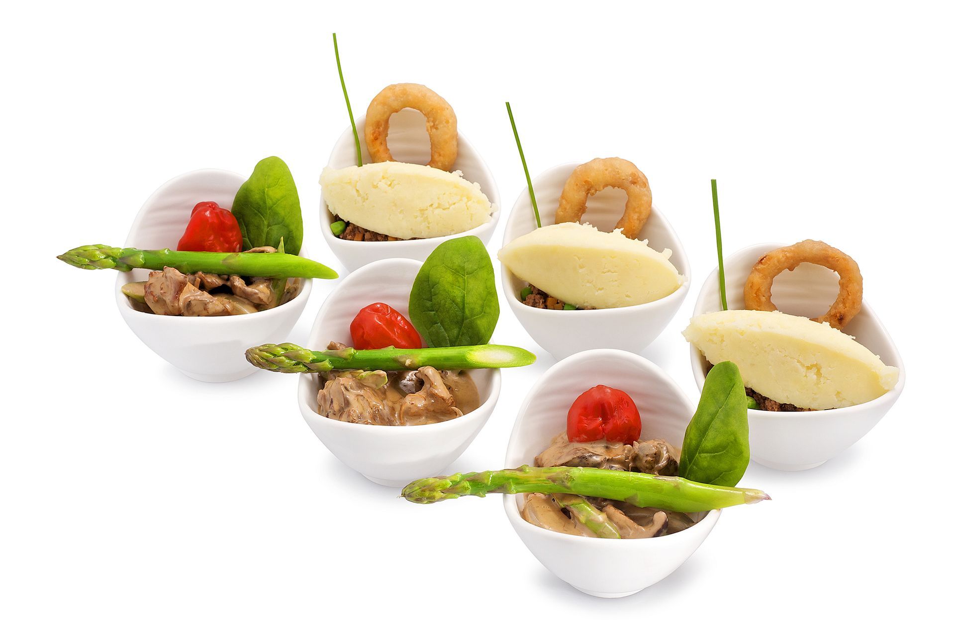 Appetizer cups: meat, vegetables, and potatoes, garnished with asparagus and chives.