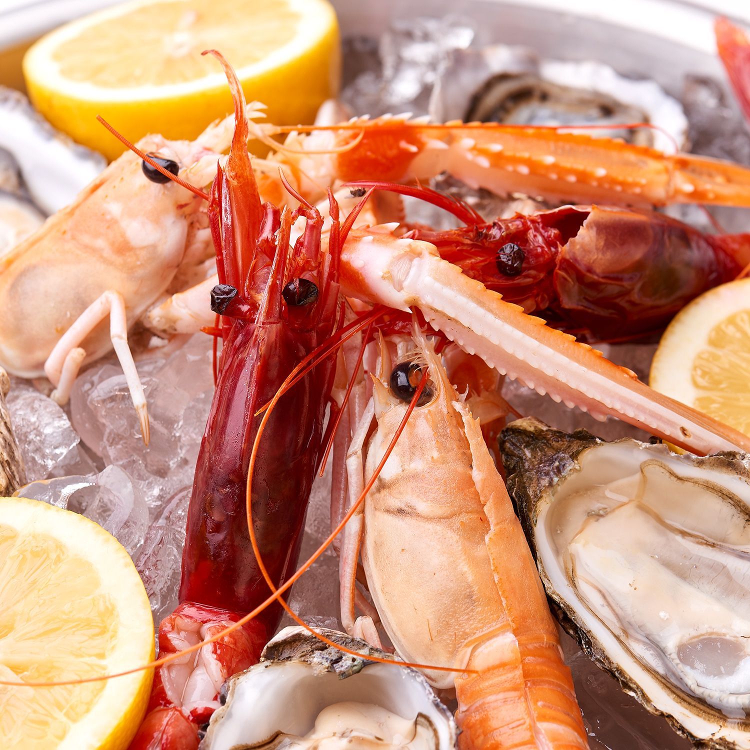 Seafood platter with langoustines, shrimp, oysters, and lemon wedges on ice.
