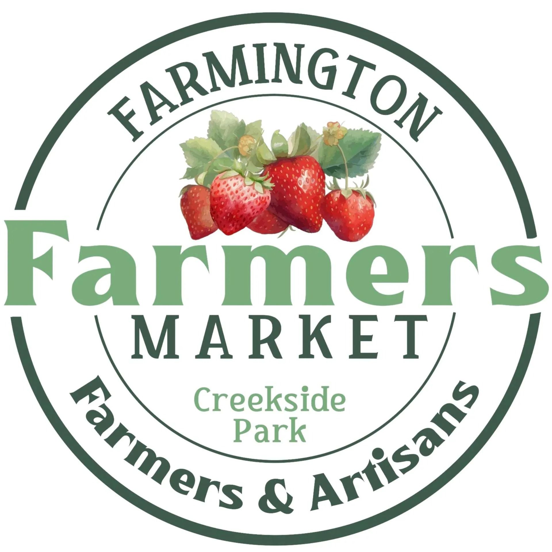 Farmington Farmers Market logo: strawberries, green text, encircled by