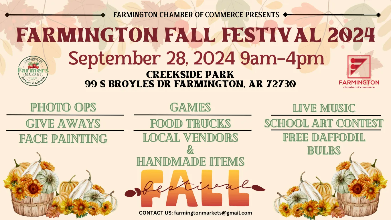 Farmington Fall Festival 2024 event at Creekside Park. Featuring photo ops, games, food trucks, live music, and more.