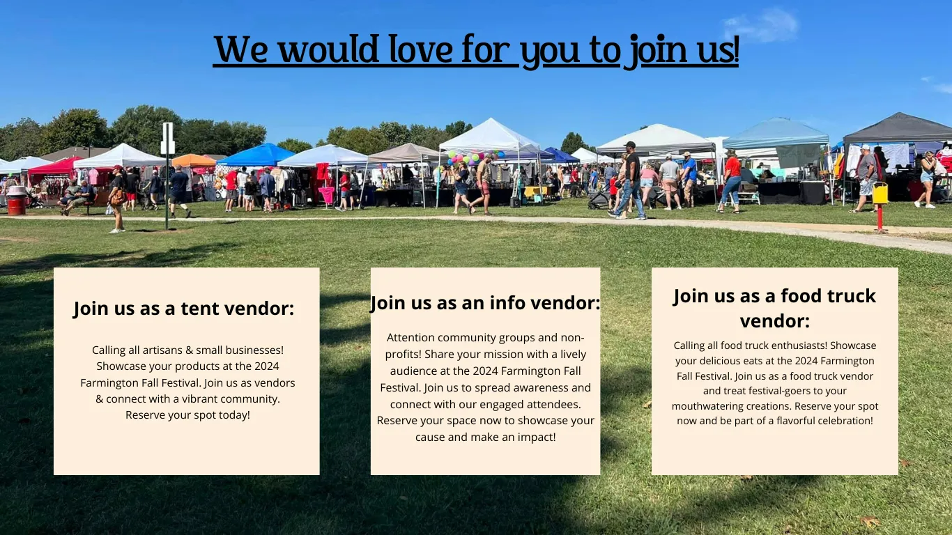 Event with vendors under tents in a park; invites to join as a tent, info, or food truck vendor.