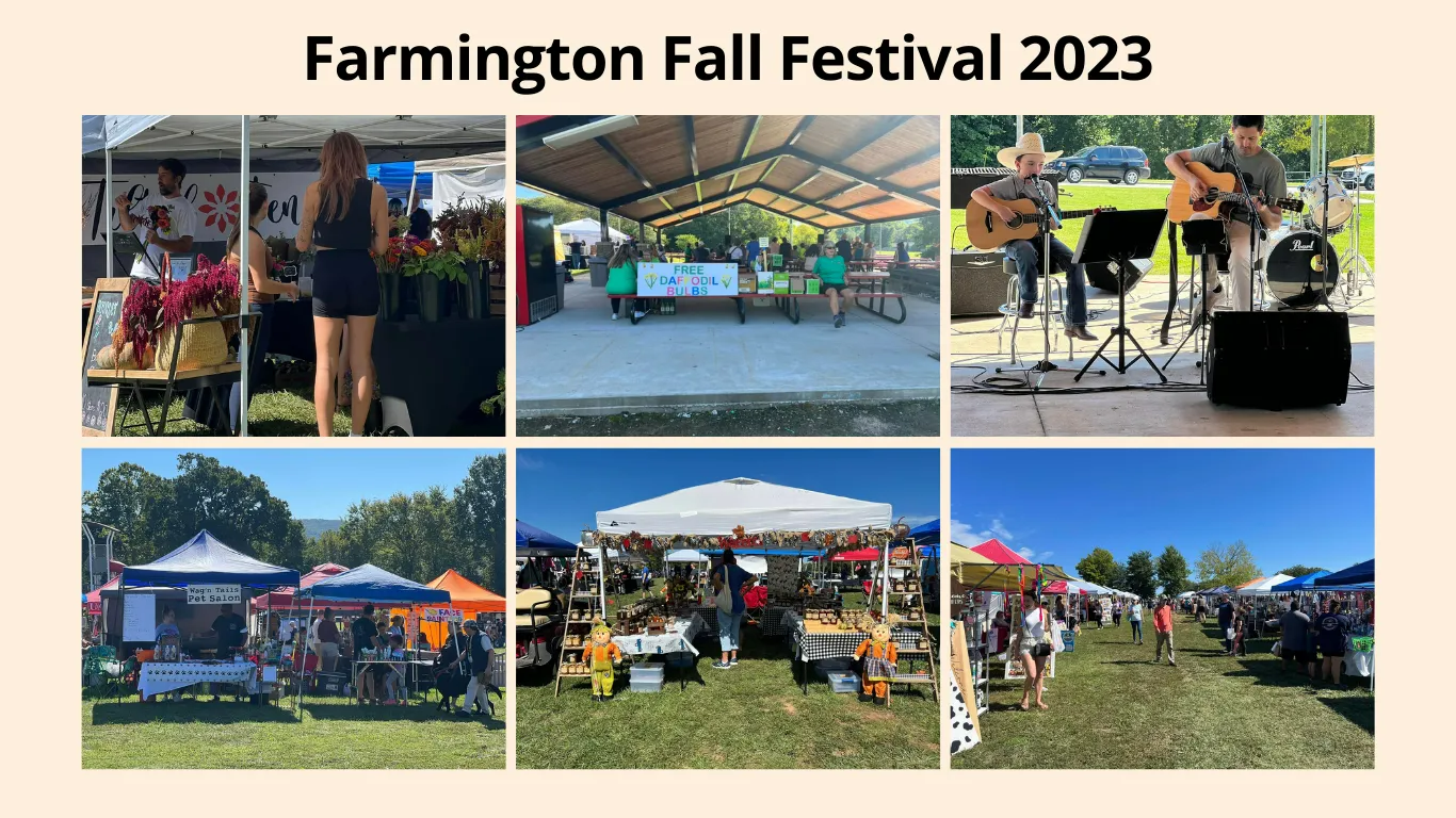 Farmington Fall Festival 2023: People at outdoor stalls, musicians playing, festival setting with tents and crowds.