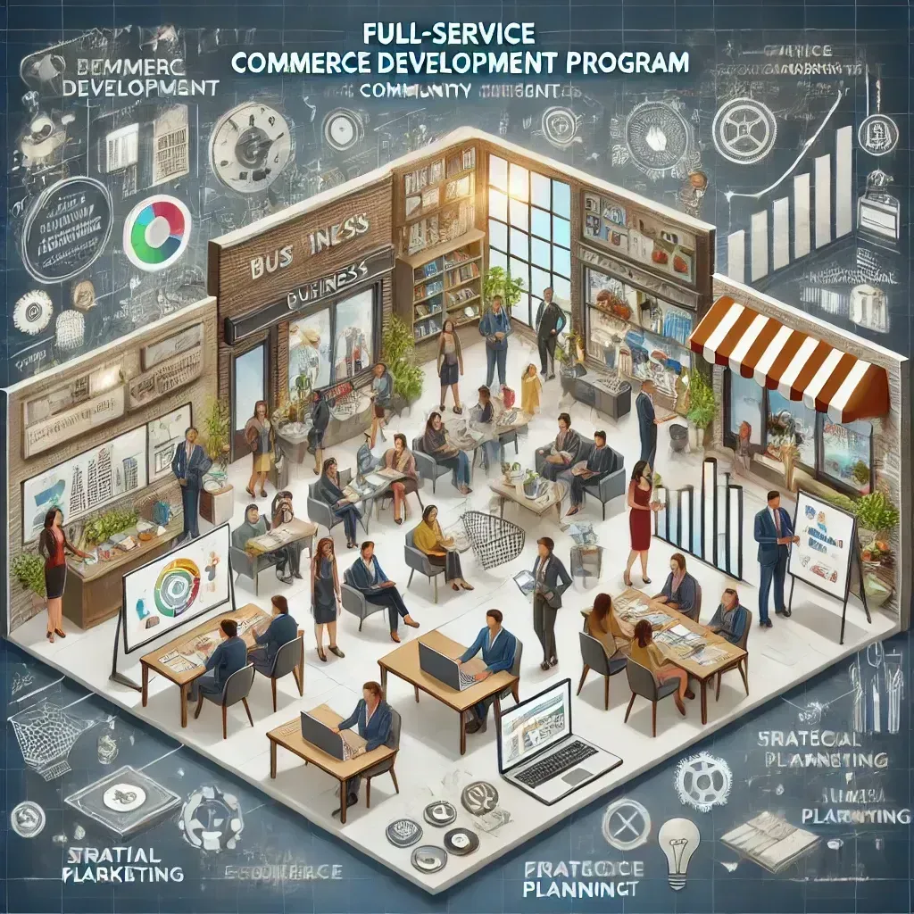Isometric view of a commerce development program. People work in a shop and offices, with diagrams and text.