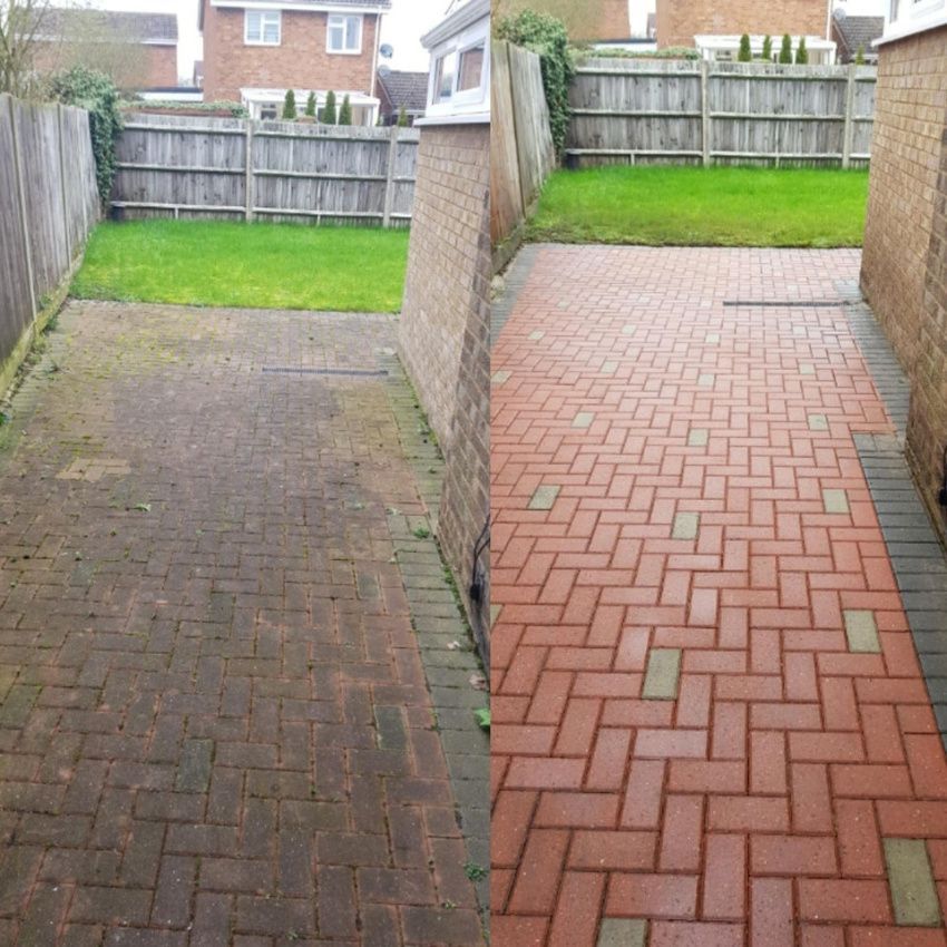A before and after photo of a brick driveway
