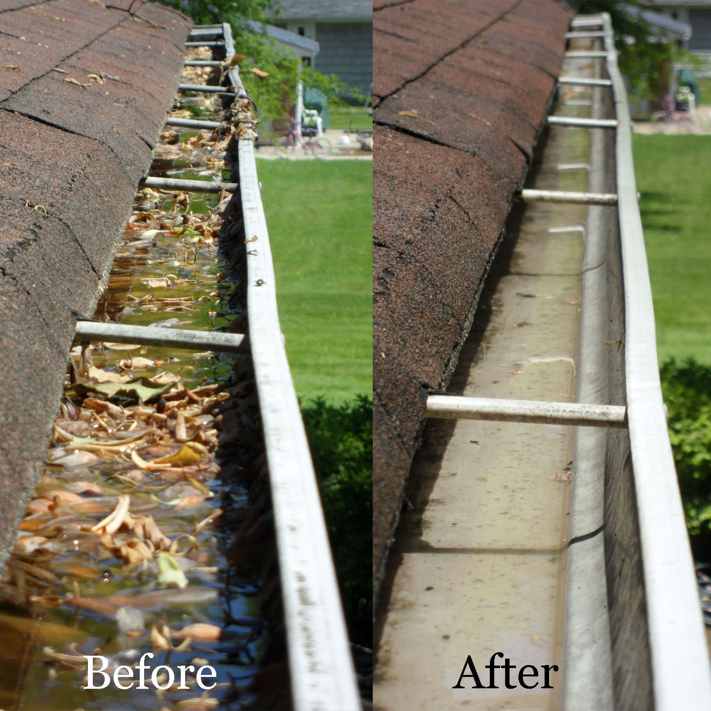 A before and after picture of a gutter that has been cleaned
